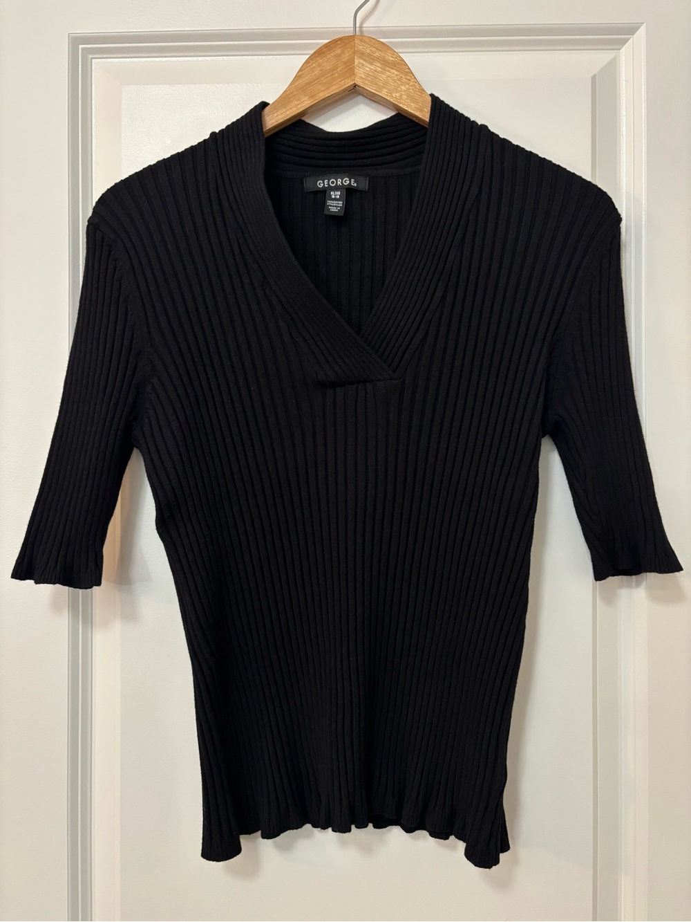 George Black Ribbed Half-Sleeve V-Neck Sweater Top, Size XL